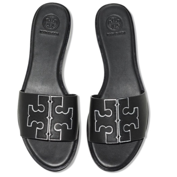 Sz 8.5 Tory Burch Double T Sport Slide Sandals  Black & Silver - Picture 3 of 14